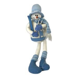 Felt Snowman Shelf Sitter Plush Blue White Top Hat Skies Scarf Charming EUC